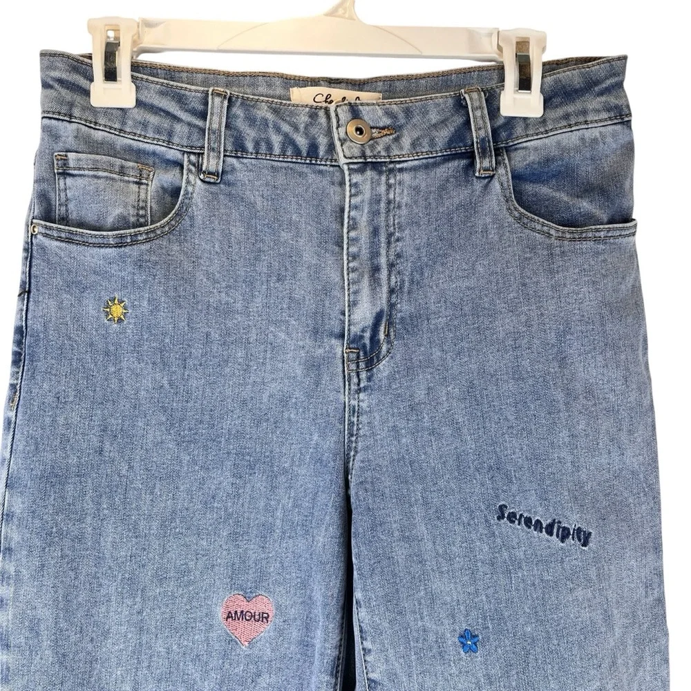 CHARLIE B Wide Leg Jeans Denim Whimsical Embroidered Icons Raw Hem Sz 8 - Picture 5 of 12